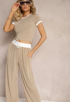Beżowy Komplet z Prążkowanego Materiału T-shirt Szerokie Spodnie z Gumką w Pasie Alandrea