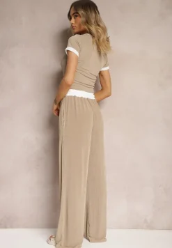 Beżowy Komplet z Prążkowanego Materiału T-shirt Szerokie Spodnie z Gumką w Pasie Alandrea