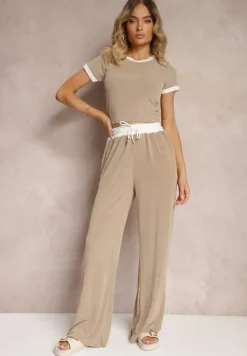 Beżowy Komplet z Prążkowanego Materiału T-shirt Szerokie Spodnie z Gumką w Pasie Alandrea