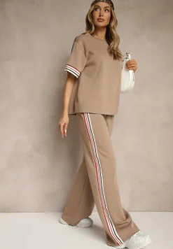 Beżowy Komplet z Wiskozą Bluzka Ozdobiona Paskami i Szerokie Spodnie Nilassea