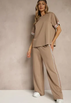 Beżowy Komplet z Wiskozą Bluzka Ozdobiona Paskami i Szerokie Spodnie Nilassea