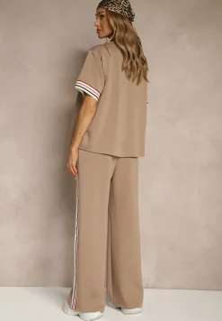 Beżowy Komplet z Wiskozą Bluzka Ozdobiona Paskami i Szerokie Spodnie Nilassea