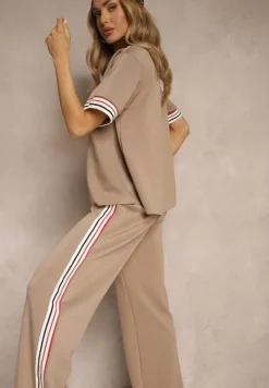 Beżowy Komplet z Wiskozą Bluzka Ozdobiona Paskami i Szerokie Spodnie Nilassea