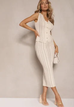 Beżowy Komplet z Wiskozą Dopasowana Spódnica i Kamizelka Ozdobione Paskami Verilan