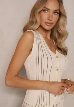 Beżowy Komplet z Wiskozą Dopasowana Spódnica i Kamizelka Ozdobione Paskami Verilan