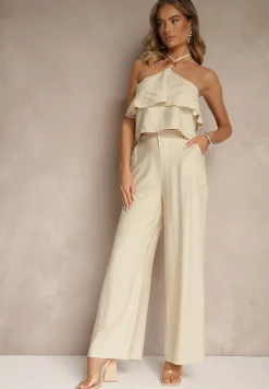 Beżowy Komplet z Wiskozą Spodnie i Bluzka z Aplikacją i Falbaną Dolirela
