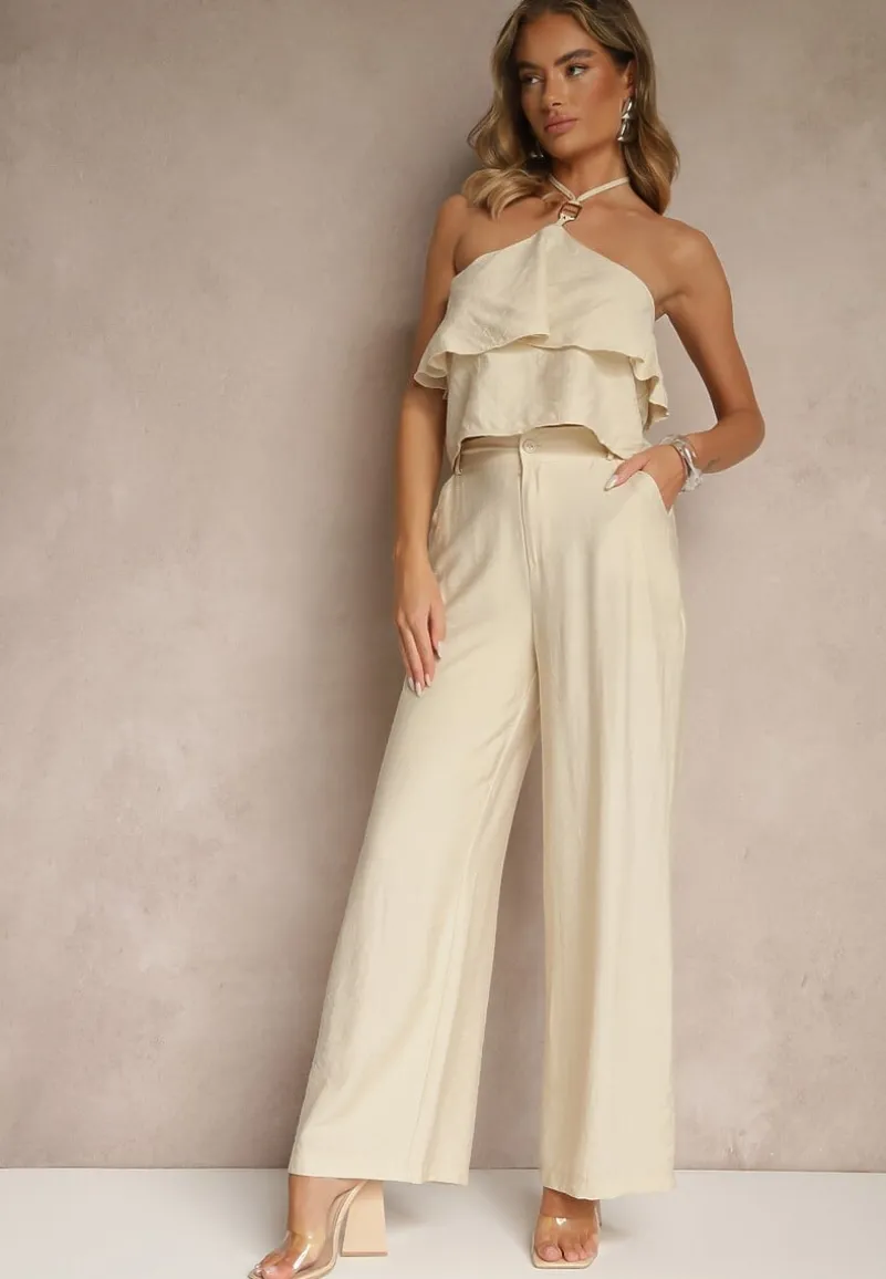 Beżowy Komplet z Wiskozą Spodnie i Bluzka z Aplikacją i Falbaną Dolirela