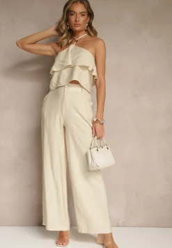 Beżowy Komplet z Wiskozą Spodnie i Bluzka z Aplikacją i Falbaną Dolirela