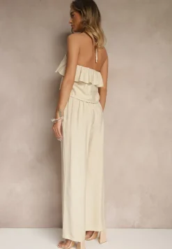 Beżowy Komplet z Wiskozą Spodnie i Bluzka z Aplikacją i Falbaną Dolirela