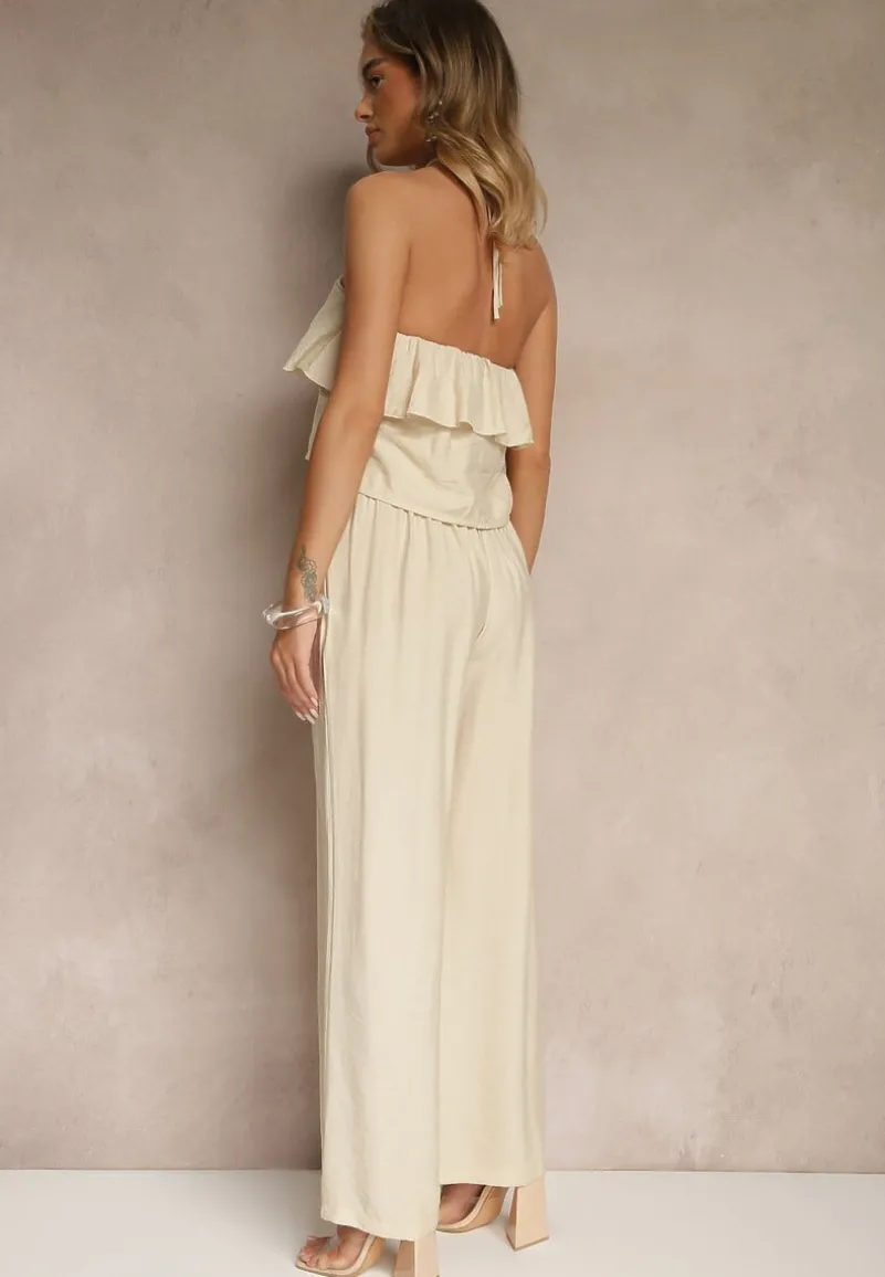 Beżowy Komplet z Wiskozą Spodnie i Bluzka z Aplikacją i Falbaną Dolirela