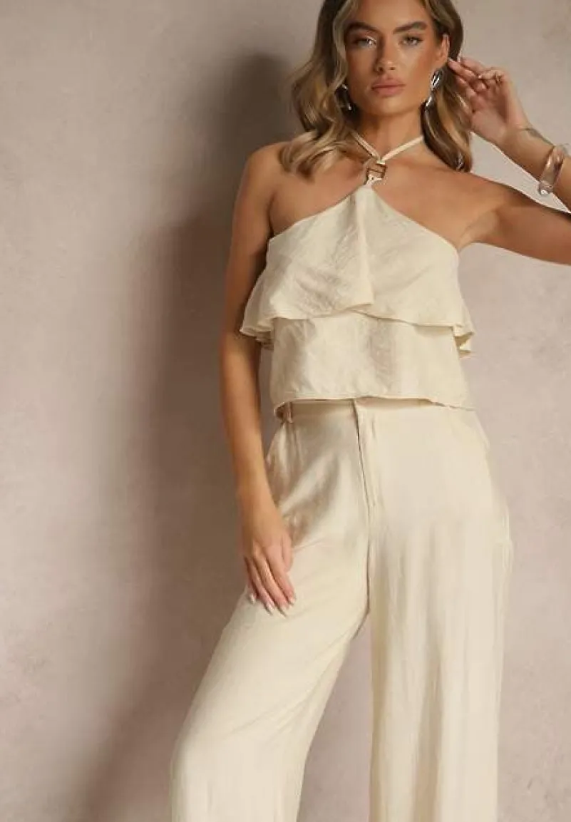 Beżowy Komplet z Wiskozą Spodnie i Bluzka z Aplikacją i Falbaną Dolirela