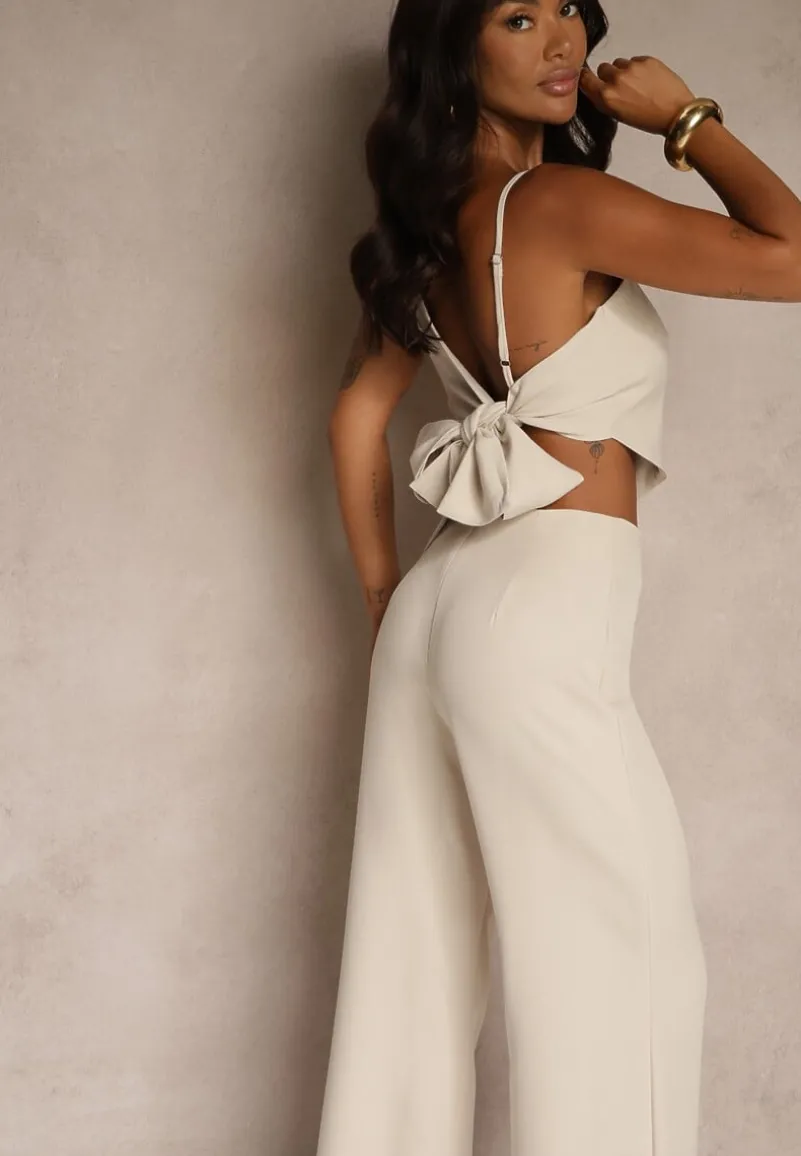 Beżowy Komplet z Wiskozą Spodnie o Szerokim Kroju i Asymetryczna Bluzka Dolessea