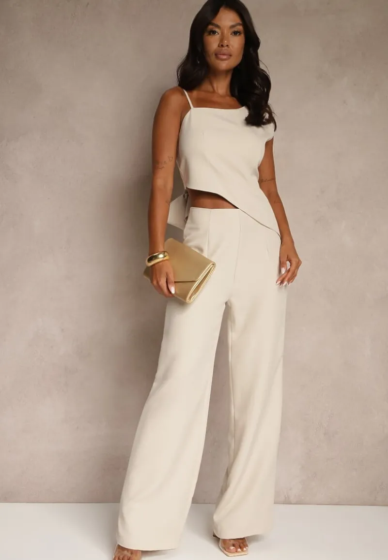 Beżowy Komplet z Wiskozą Spodnie o Szerokim Kroju i Asymetryczna Bluzka Dolessea