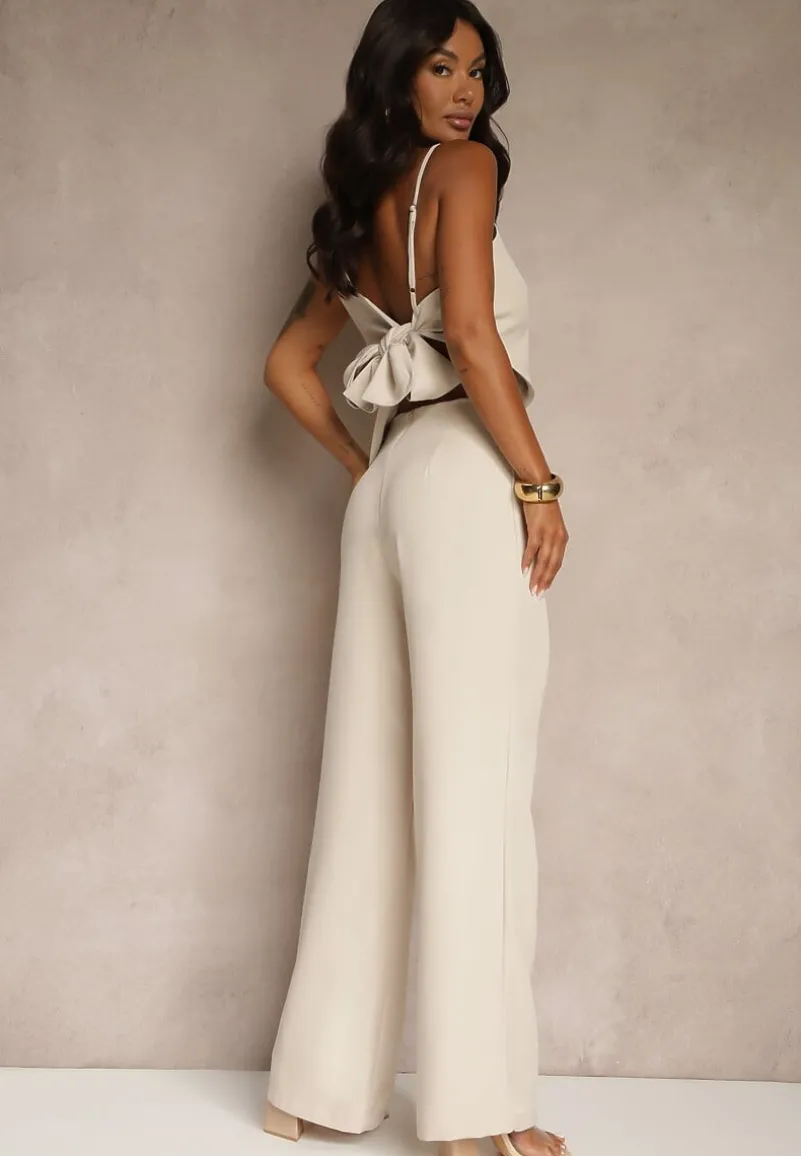 Beżowy Komplet z Wiskozą Spodnie o Szerokim Kroju i Asymetryczna Bluzka Dolessea