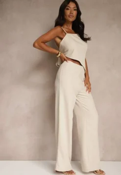 Beżowy Komplet z Wiskozą Spodnie o Szerokim Kroju i Asymetryczna Bluzka Dolessea