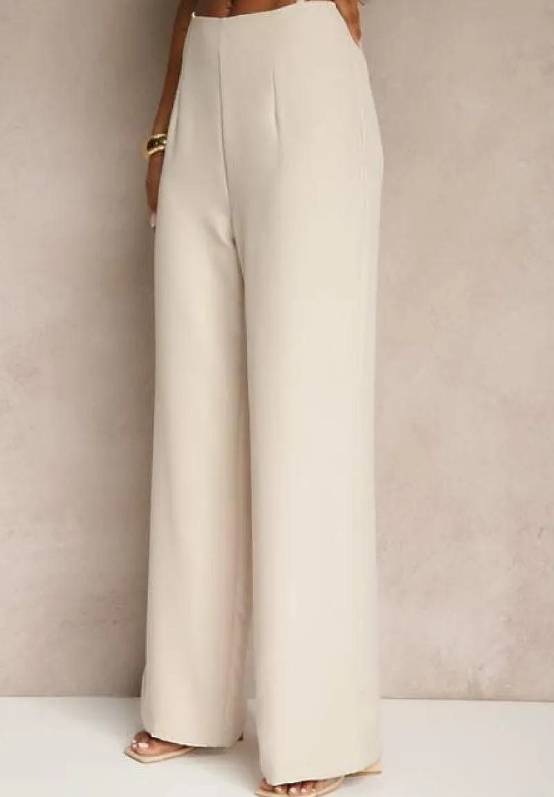 Beżowy Komplet z Wiskozą Spodnie o Szerokim Kroju i Asymetryczna Bluzka Dolessea