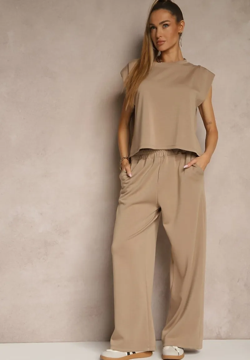 Beżowy Komplet z Wiskozą Szerokie Spodnie i Koszulka z Usztywnionymi Ramionami Neidra
