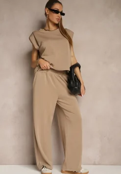 Beżowy Komplet z Wiskozą Szerokie Spodnie i Koszulka z Usztywnionymi Ramionami Neidra