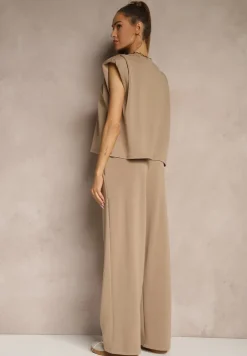 Beżowy Komplet z Wiskozą Szerokie Spodnie i Koszulka z Usztywnionymi Ramionami Neidra