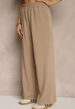 Beżowy Komplet z Wiskozą Szerokie Spodnie i Koszulka z Usztywnionymi Ramionami Neidra