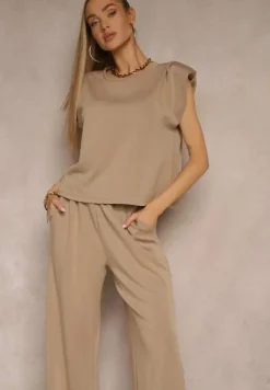 Beżowy Komplet z Wiskozą Szerokie Spodnie i Koszulka z Usztywnionymi Ramionami Neidra