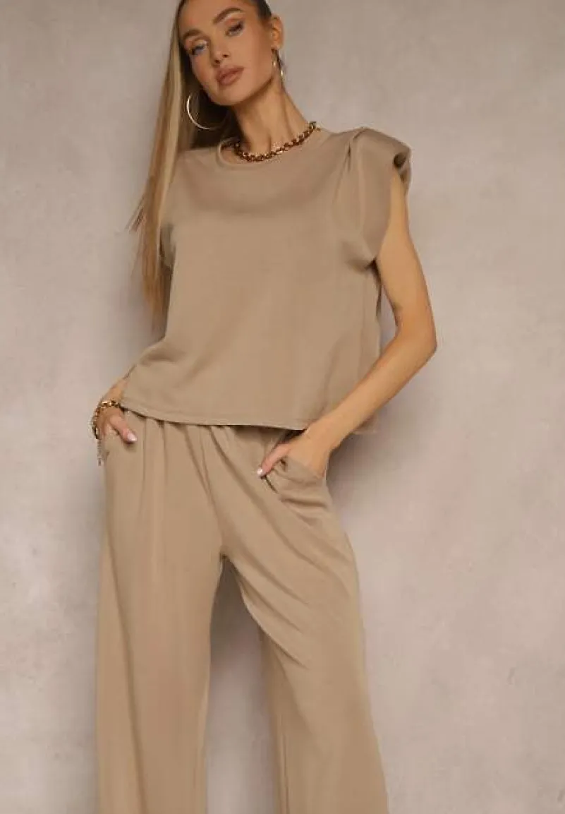 Beżowy Komplet z Wiskozą Szerokie Spodnie i Koszulka z Usztywnionymi Ramionami Neidra