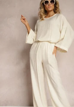 Beżowy Komplet z Wiskozy Bluzka o Kroju Nietoperza i Szerokie Spodnie Qadrina