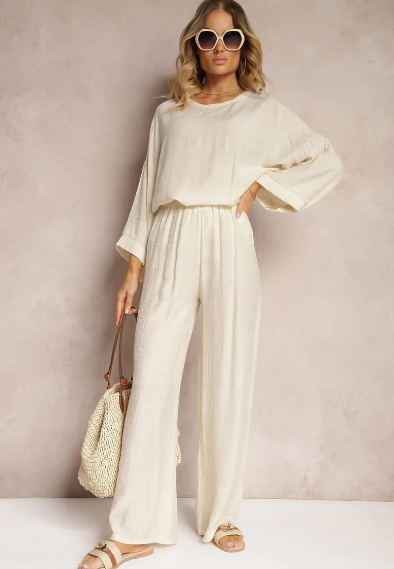 Beżowy Komplet z Wiskozy Bluzka o Kroju Nietoperza i Szerokie Spodnie Qadrina