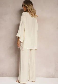 Beżowy Komplet z Wiskozy Bluzka o Kroju Nietoperza i Szerokie Spodnie Qadrina