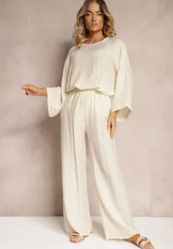 Beżowy Komplet z Wiskozy Bluzka o Kroju Nietoperza i Szerokie Spodnie Qadrina