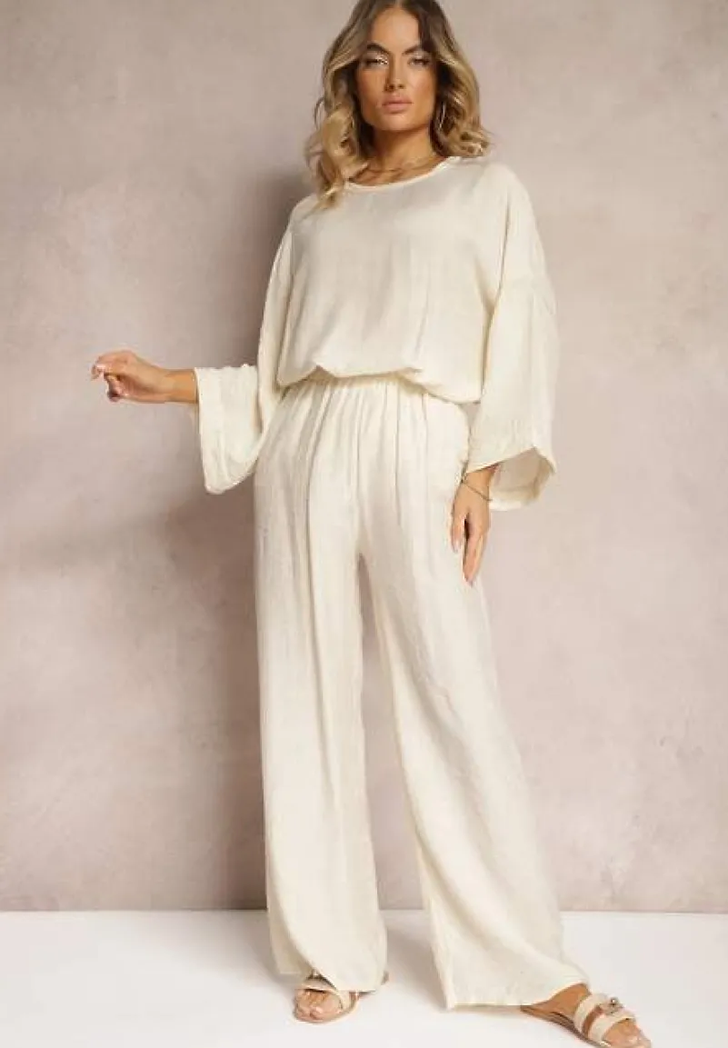 Beżowy Komplet z Wiskozy Bluzka o Kroju Nietoperza i Szerokie Spodnie Qadrina