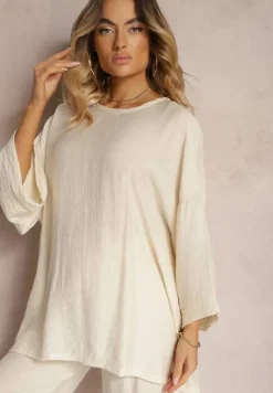 Beżowy Komplet z Wiskozy Bluzka o Kroju Nietoperza i Szerokie Spodnie Qadrina