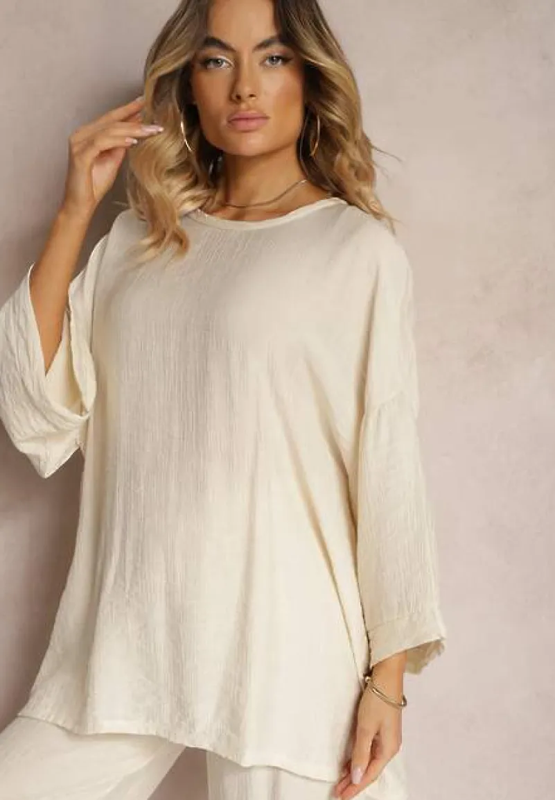 Beżowy Komplet z Wiskozy Bluzka o Kroju Nietoperza i Szerokie Spodnie Qadrina