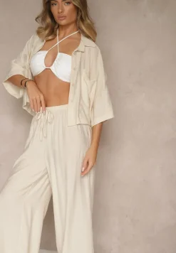 Beżowy Komplet z Wiskozy o Kroju Oversize Koszula i Spodnie Dovaraella
