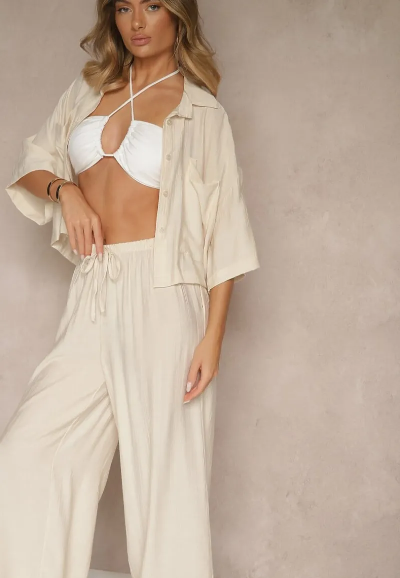 Beżowy Komplet z Wiskozy o Kroju Oversize Koszula i Spodnie Dovaraella