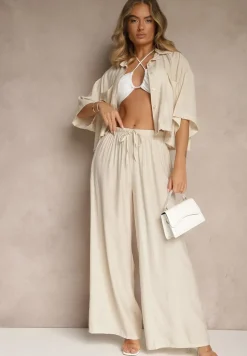 Beżowy Komplet z Wiskozy o Kroju Oversize Koszula i Spodnie Dovaraella