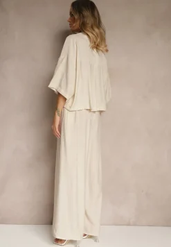 Beżowy Komplet z Wiskozy o Kroju Oversize Koszula i Spodnie Dovaraella