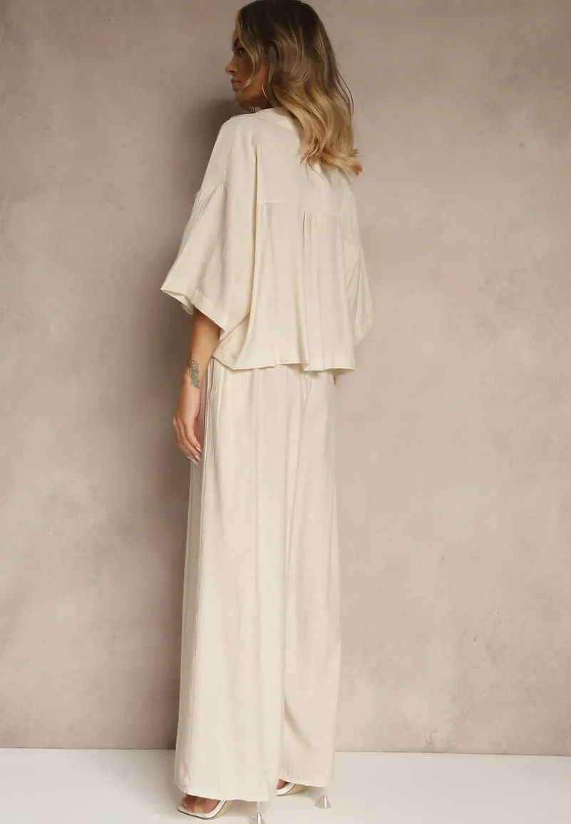 Beżowy Komplet z Wiskozy o Kroju Oversize Koszula i Spodnie Dovaraella