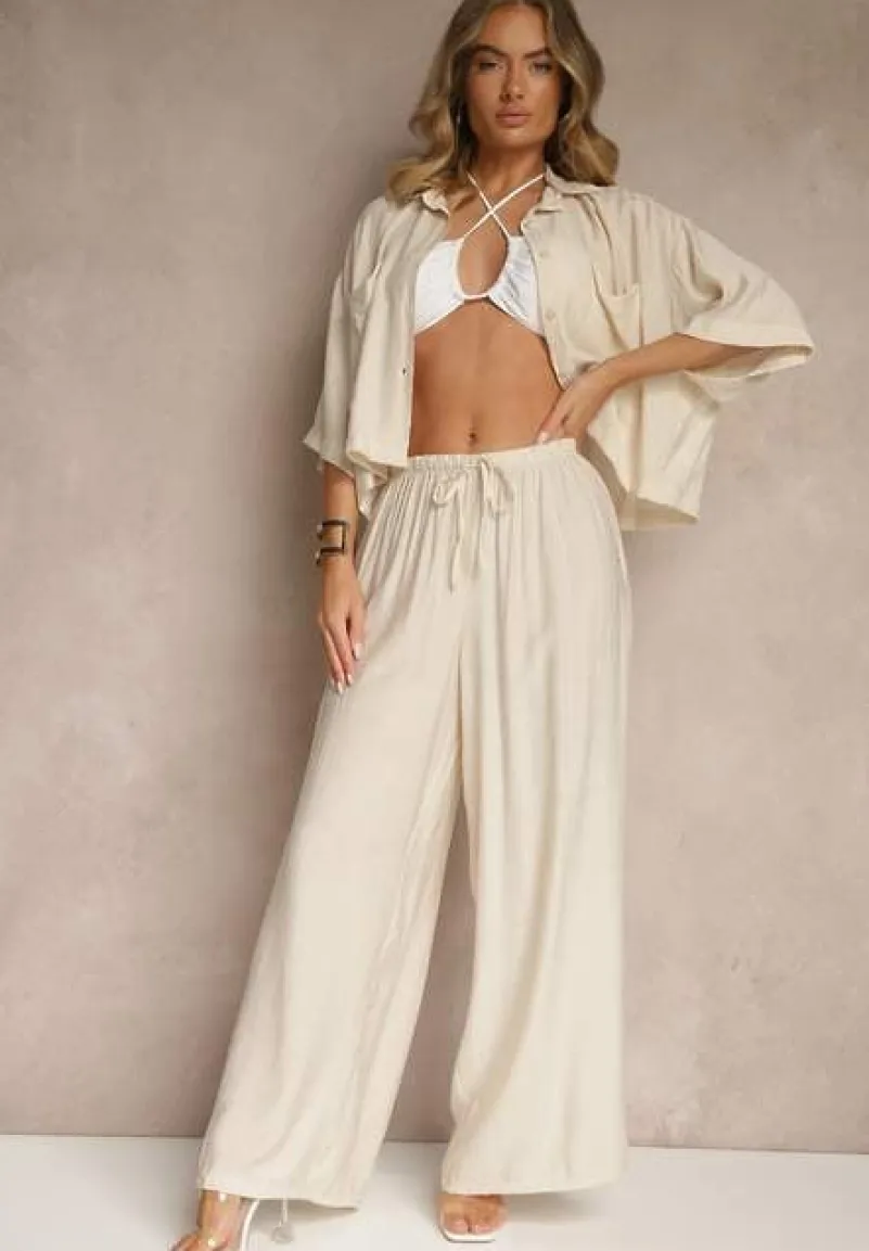 Beżowy Komplet z Wiskozy o Kroju Oversize Koszula i Spodnie Dovaraella