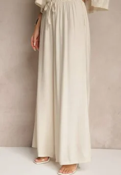 Beżowy Komplet z Wiskozy o Kroju Oversize Koszula i Spodnie Dovaraella