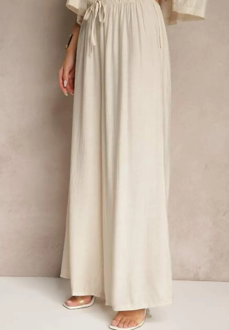 Beżowy Komplet z Wiskozy o Kroju Oversize Koszula i Spodnie Dovaraella