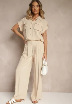 Beżowy Komplet z Wiskozy Spodnie i Koszula Ozdobiona Kieszeniami Rinalienna