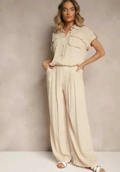 Beżowy Komplet z Wiskozy Spodnie i Koszula Ozdobiona Kieszeniami Rinalienna