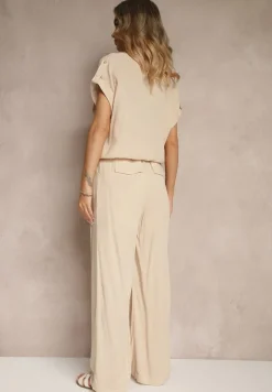 Beżowy Komplet z Wiskozy Spodnie i Koszula Ozdobiona Kieszeniami Rinalienna