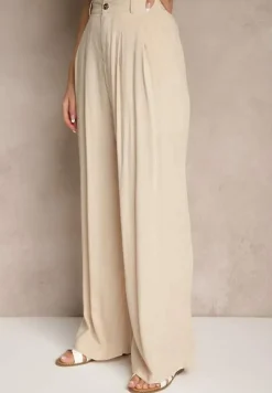 Beżowy Komplet z Wiskozy Spodnie i Koszula Ozdobiona Kieszeniami Rinalienna