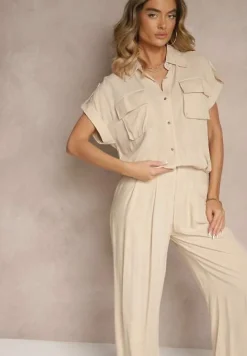 Beżowy Komplet z Wiskozy Spodnie i Koszula Ozdobiona Kieszeniami Rinalienna