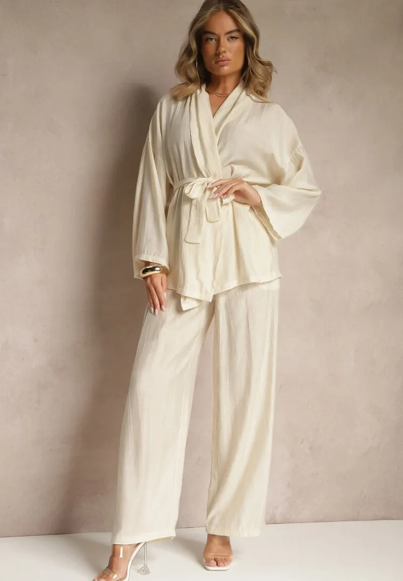 Beżowy Komplet z Wiskozy Spodnie o Szerokim Kroju i Bluzka z Wiązaniem Livelia