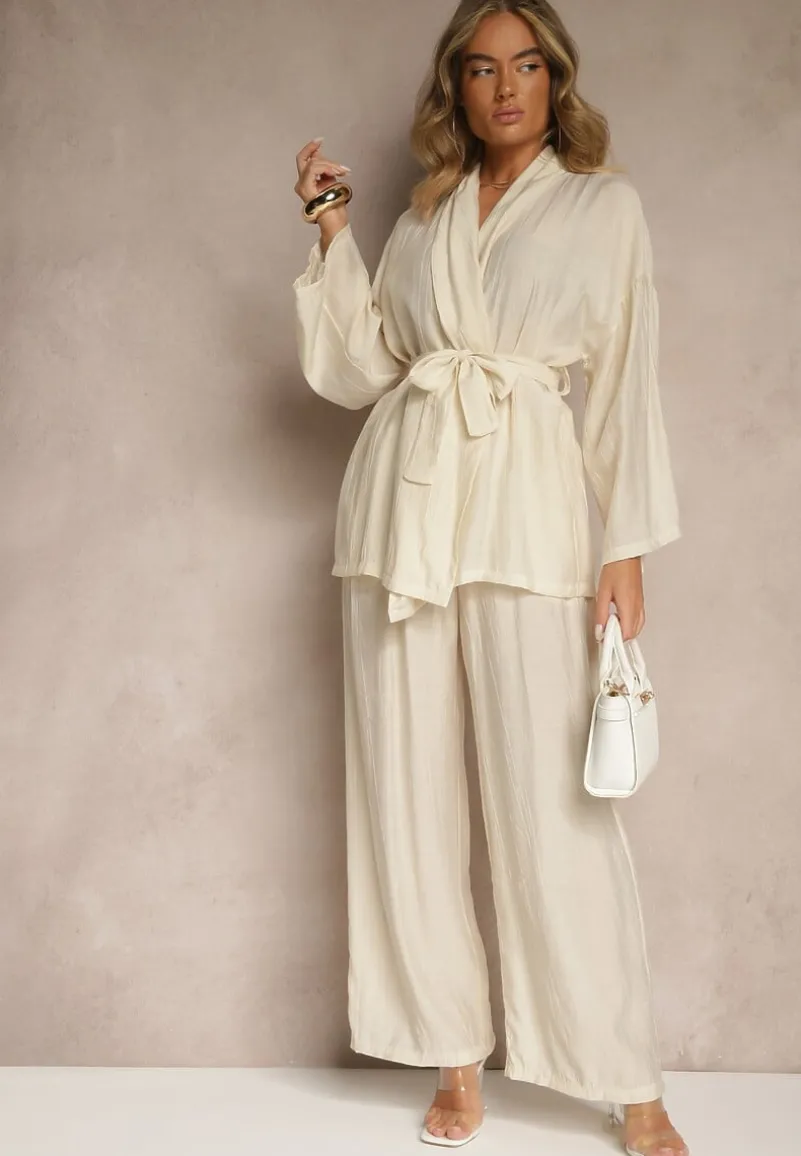 Beżowy Komplet z Wiskozy Spodnie o Szerokim Kroju i Bluzka z Wiązaniem Livelia