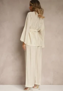 Beżowy Komplet z Wiskozy Spodnie o Szerokim Kroju i Bluzka z Wiązaniem Livelia