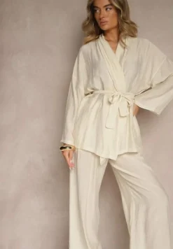 Beżowy Komplet z Wiskozy Spodnie o Szerokim Kroju i Bluzka z Wiązaniem Livelia